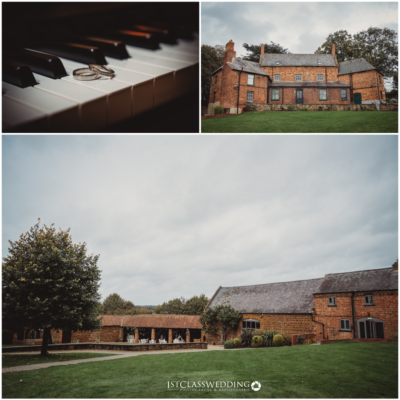 Rustic wedding venue, piano with rings, brick country house.