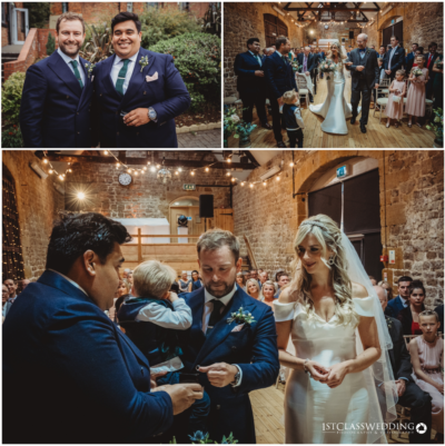 Collage of joyful wedding ceremony moments.