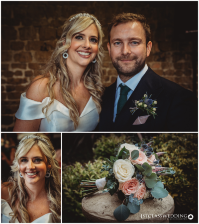 Bride and groom smiling, elegant wedding attire, floral bouquet.