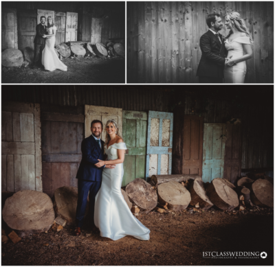 Rustic wedding couple by wooden barn doors.