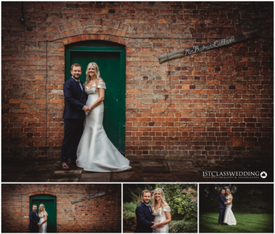 Bride and groom posing by cottage brick wall.