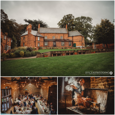 Rustic wedding venue, indoor reception, outdoor hog roast catering.