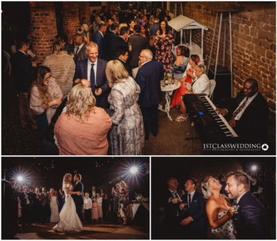 Wedding reception with guests, dancing, and live piano music.