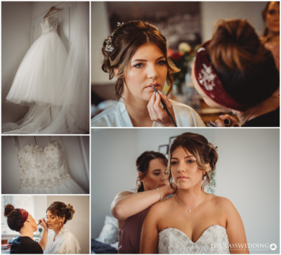 Bride preparation, wedding dress, makeup application, bridal hairstyle.