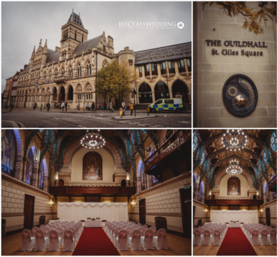Historic Guildhall, wedding venue interior and exterior views.