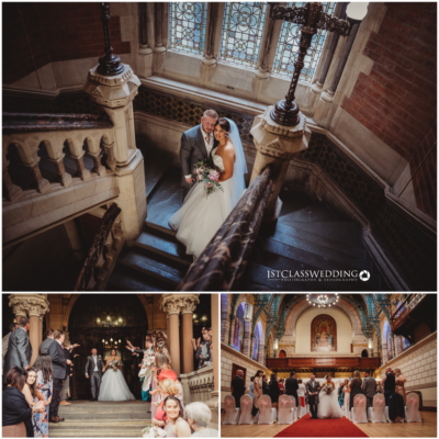 Wedding couple in a grand historical building staircase.