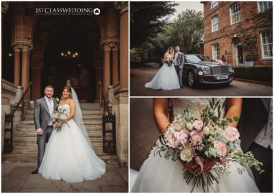 Bride, groom, vintage car, bouquet, historic building entrance.
