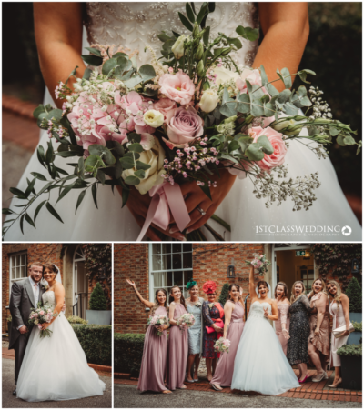Bride with bouquet, couple smiling, bridesmaids celebrating at wedding.