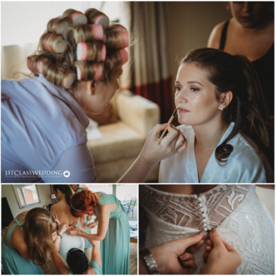 Bride's preparation with makeup and dress for wedding day.