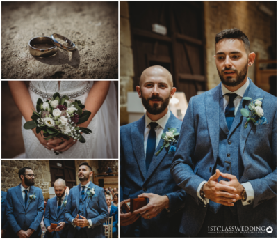 Wedding rings, bride's bouquet, and groomsmen in blue suits.