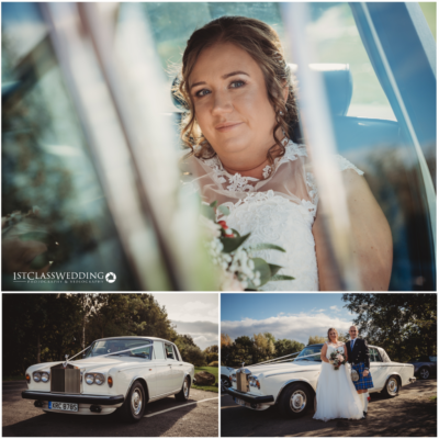 Bride in car, couple with vintage Rolls-Royce on wedding day.