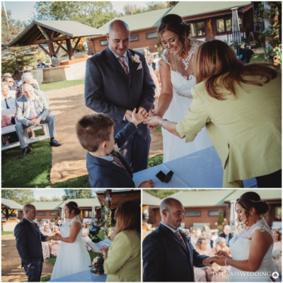 Outdoor wedding ceremony with family engagement.