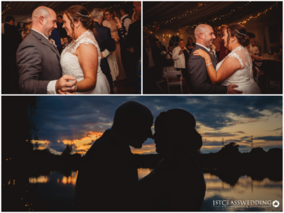 Couple dancing at wedding, silhouette sunset romance.