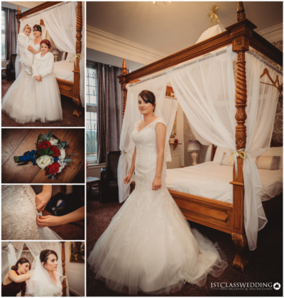 Bride in elegant dress, wedding preparation moments.