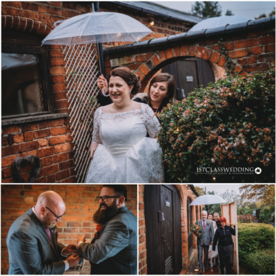 Bride with umbrella, groom adjusting cufflinks, wedding party entrance.