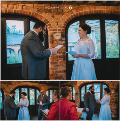 Wedding couple exchanging vows in brick venue.