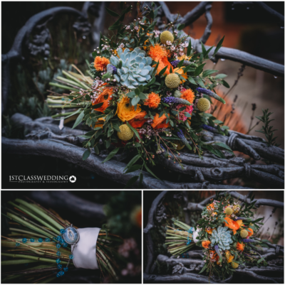 Vibrant wedding bouquet with succulents and exotic flowers.