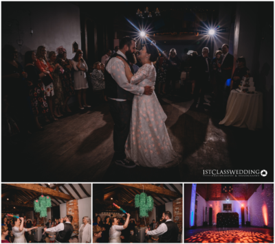 Couple's first dance at rustic wedding reception.