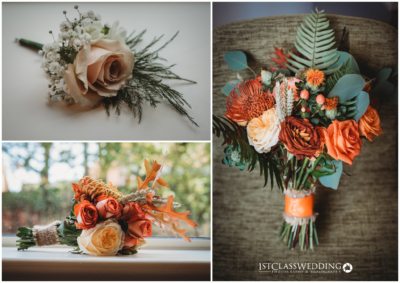 Elegant bridal bouquets in various arrangements and colours.