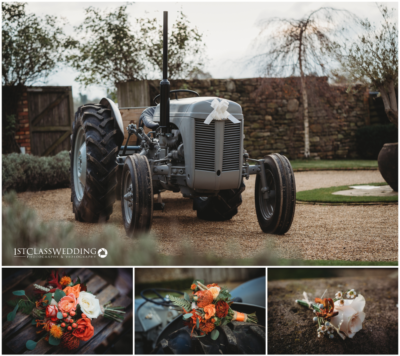 Vintage tractor and wedding bouquets at outdoor venue.