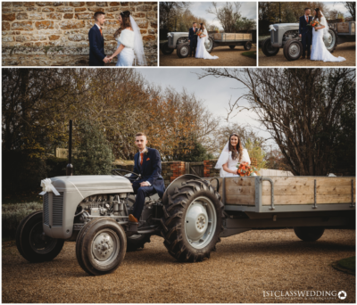 Bride and groom with classic tractor on wedding day