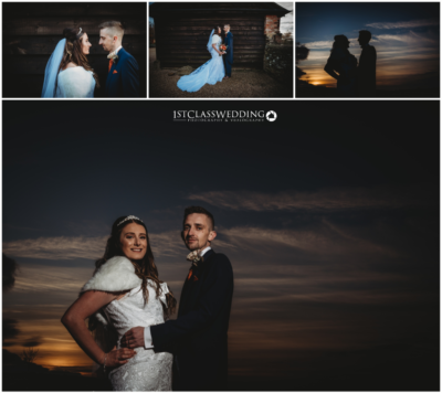 Wedding couple poses during sunset photoshoot.