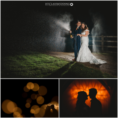 Wedding couple with champagne at night, romantic silhouette.