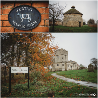 Furtho Manor Farm sign, dovecote, St Bartholomew church exterior.