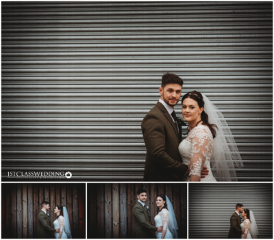 Wedding couple posing against textured backdrop.