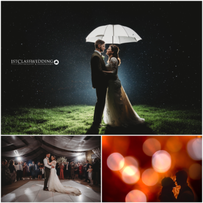 Couple embracing under umbrella, wedding dance, bokeh lights.