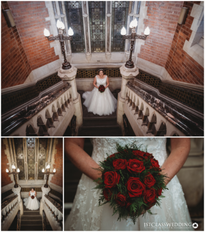 Bride on staircase with bouquet in historic building.