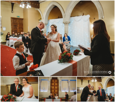 Collage of joyful wedding ceremony moments in a historic venue.