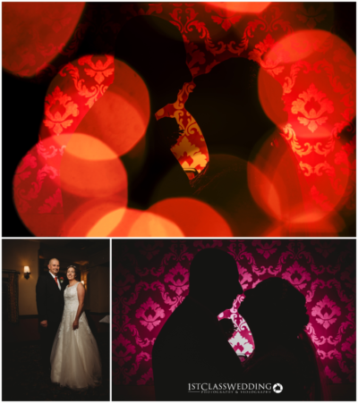 Couple's silhouette with bokeh lights; wedding photography.