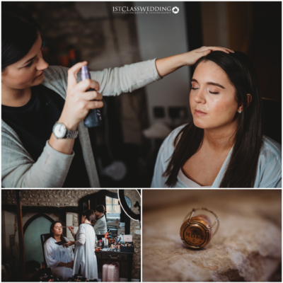 Bridal hair styling preparation and wedding details