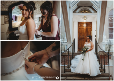 Bridal preparation, historic venue entrance, elegant wedding gown.