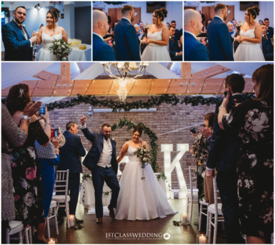 Collage of joyful wedding ceremony moments.