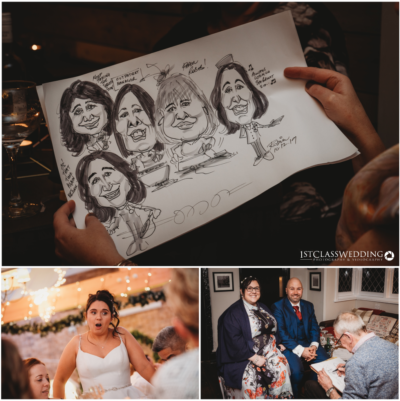 Wedding guests enjoying caricature drawing and reception fun.