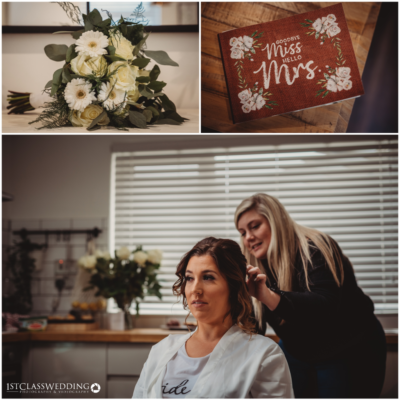 Bridal bouquet, wedding decor sign, hairstyling preparation.