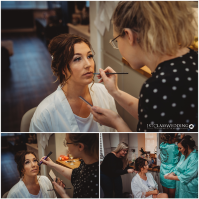 Bride getting makeup done before wedding.