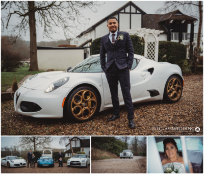 Man in suit by luxury car, wedding day, countryside house.