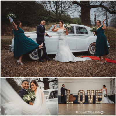 Bridal party with classic car, couple, and 'LOVE' sign.