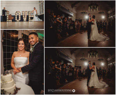 Wedding moments: cake cutting, dancing, illuminated 'LOVE' sign.