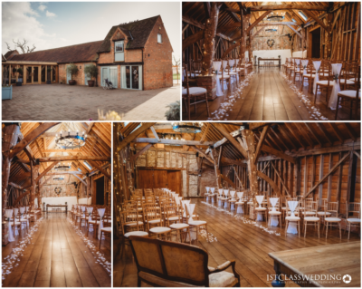 Rustic barn wedding venue setup with chairs and decorations