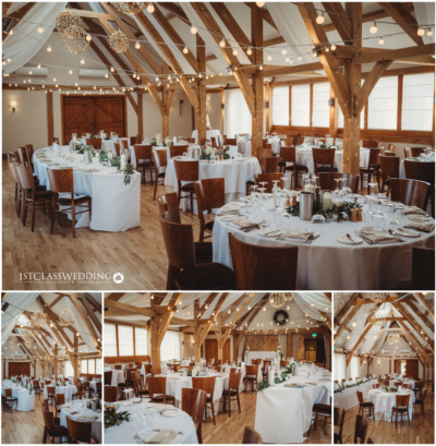 Elegant barn wedding venue with festive lights and decor.