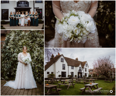 Bridal party outside venue, bride with bouquet, countryside pub.