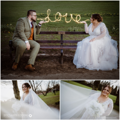 Bride and groom with sparkler love sign outdoors.