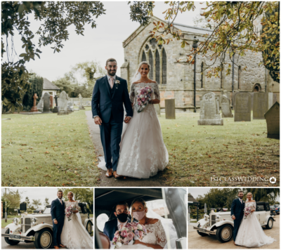 Bride and groom at vintage-style church wedding.