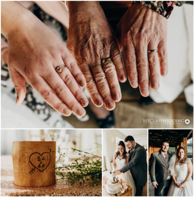 Generational wedding hands, engraved wooden ring box, happy couple.