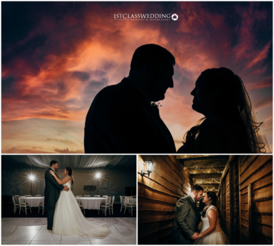 Couple's silhouette, dance, rustic wedding venue at sunset.