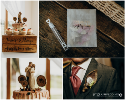 Rustic wedding decorations: cake, program, and boutonniere.